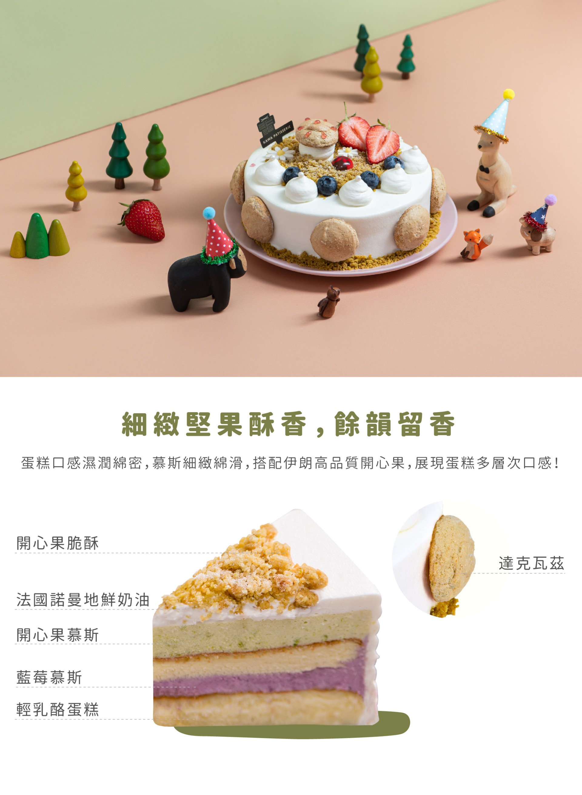 開心脆酥、諾曼第鮮奶油、開心果慕斯、藍莓慕斯、輕乳酪蛋糕