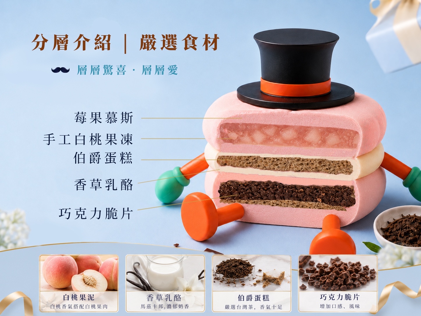 EMOJI餅乾蛋糕,使用一顆蛋糕可以吃到很多種口味跟口感 是由 草莓慕斯、草莓庫利、草莓牛奶巧克力甘納許、香草慕斯、巧克力榛果脆片、可可蛋糕